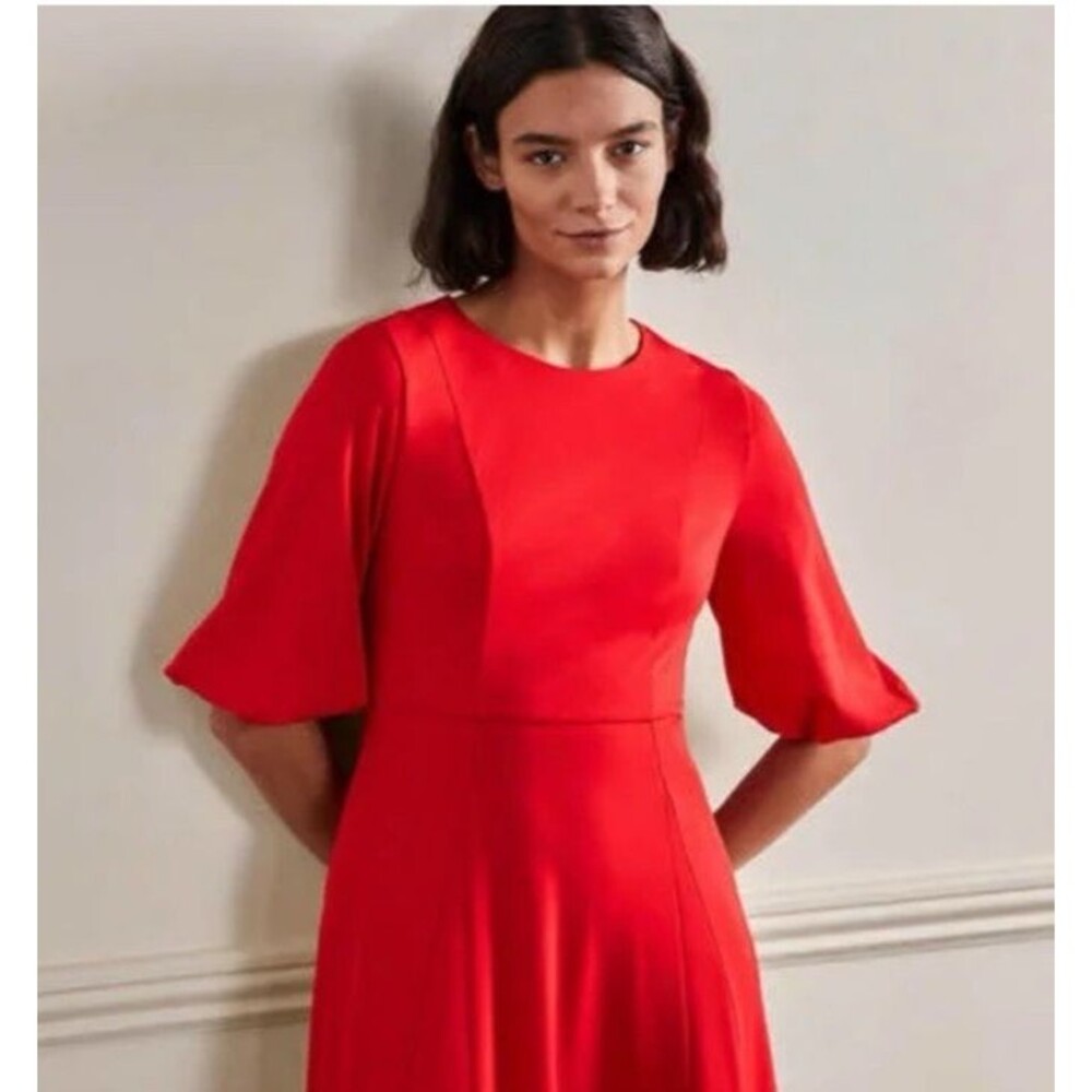 Boden Full Skirt Jersey Midi British Dress Puff Sleeve Size 16-18R Pockets